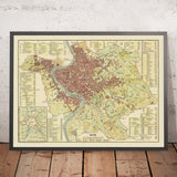 Old City Map of Rome by Wenng, 1846: St Peter's Basilica, Colosseum, Roman Forum, Piazza Navona, Tiber River
