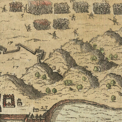El ataque de Sir Francis Drake a Santiago por De Bry, 1599: Mapa de batalla, flota, tropas, fortificaciones 