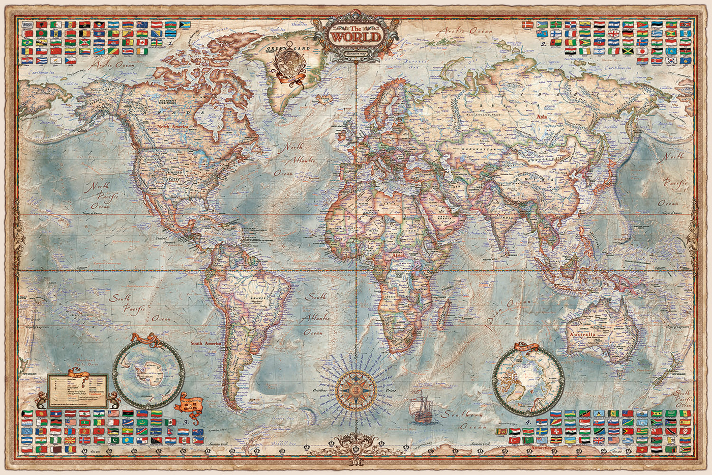 Executive World Map by Ray&Co, 2025: 3D Ocean Relief, Vintage Aesthetic, Every Flag