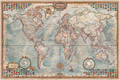 Executive World Map by Ray&Co, 2025: 3D Ocean Relief, Vintage Aesthetic, Every Flag