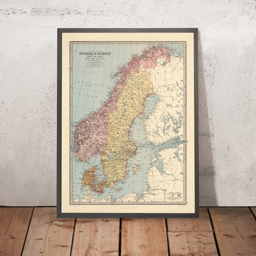 Ancienne carte de la Scandinavie par Bartholomew, 1871 : Stockholm, Copenhague, Oslo, mer Baltique, Scandes 