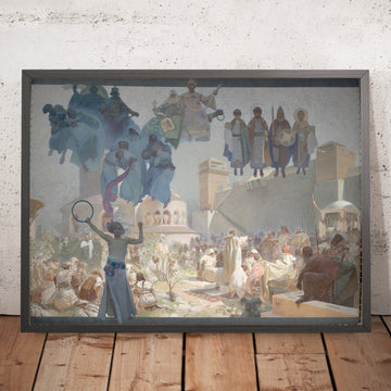 A framed image of Introduction of the Slavonic Liturgy by Alphonse Mucha, 1912
