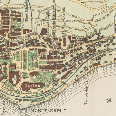Große alte Karte von Monaco von Fissore, 1943: Monte-Carlo, Casino, La Condamine, Musée Océanographique, Jardins St. Martin 