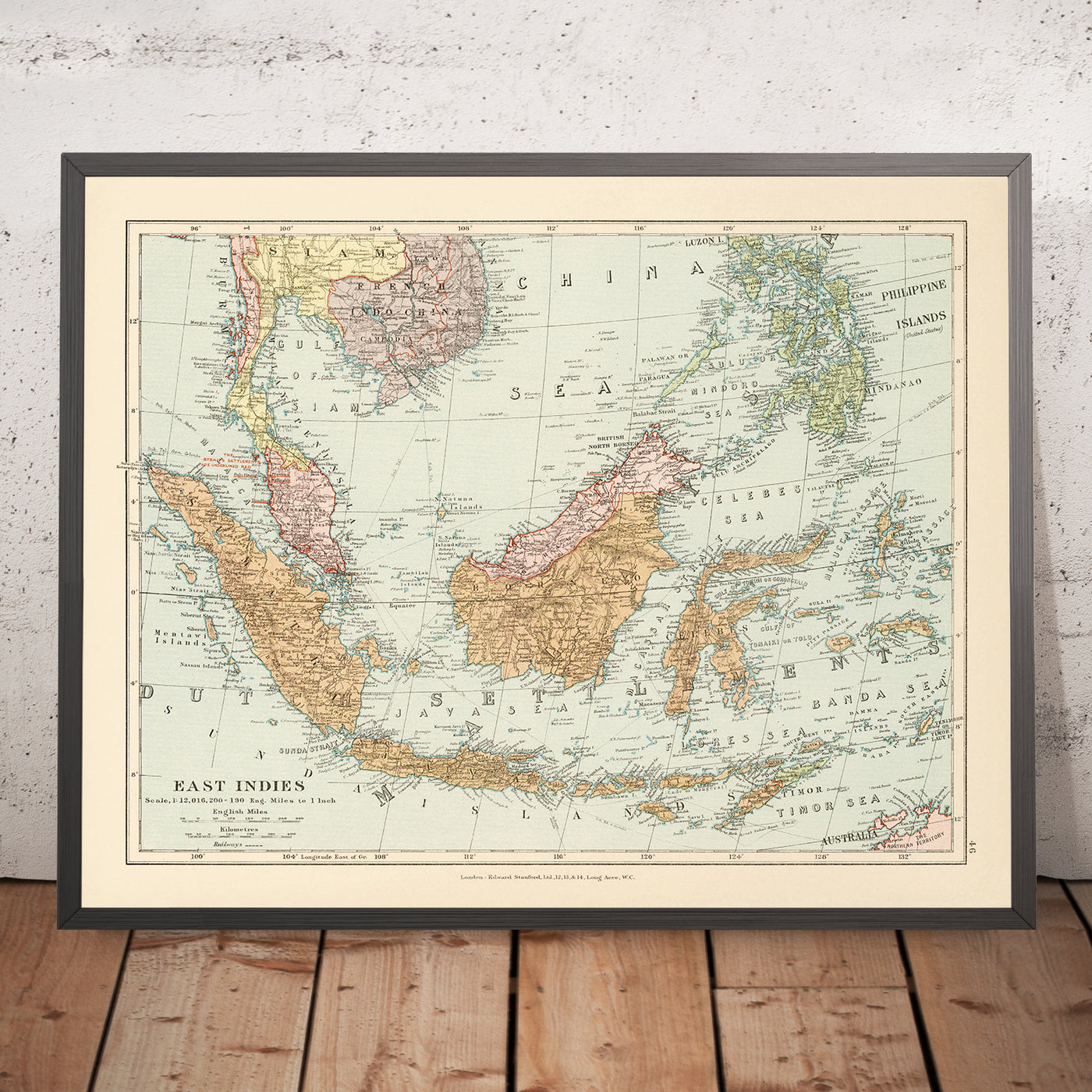 Mapa antiguo de las Indias Orientales por Stanford, 1926: Indonesia, Malasia, Filipinas, Ferrocarriles 