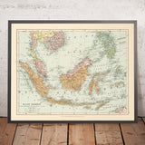 Antica mappa delle Indie Orientali di Stanford, 1926: Indonesia, Malesia, Filippine, Ferrovie 