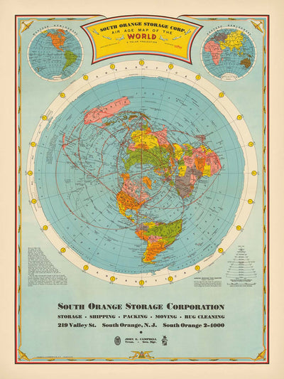 Old Airline Great Circles World Map by Hammond, 1938: Polar Projection "Air Age" Poster