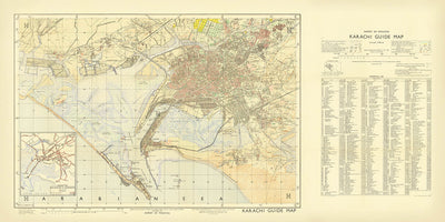 Mapa antiguo de guía de Karachi, 1929: Saddar, Clifton, Lyari, puerto de Karachi, mar Arábigo 