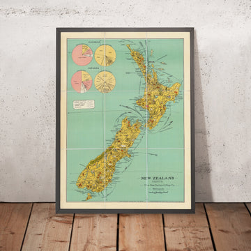 Old Pictorial Map of New Zealand, 1945: Auckland, Wellington, Southern Alps, Cook Strait, export-import charts