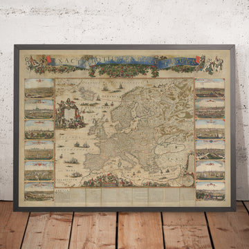 Massive Old Map of Europe by Visscher, 1677: Triple Alliance, Capital City Views