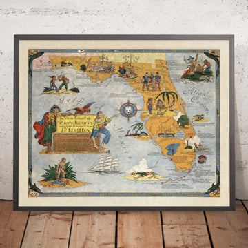 Antiguo mapa del tesoro pirata de Florida de Sanford, 1950: Miami, Tampa, Keys, Treasure Coast, Everglades 