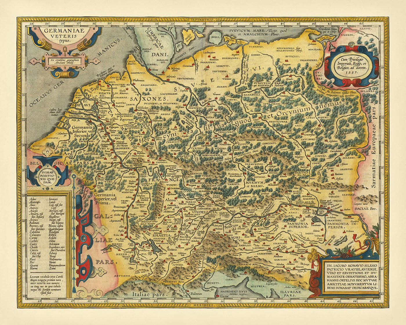 Mapa antiguo de Alemania y Polonia por Ortelius, 1624: Rin, Danubio, Mar del Norte, Bosques 