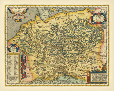 Mapa antiguo de Alemania y Polonia por Ortelius, 1624: Rin, Danubio, Mar del Norte, Bosques 