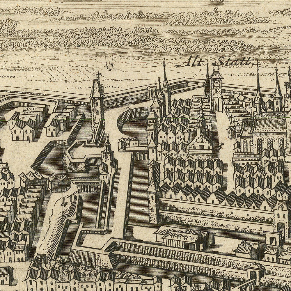 Old Bird's Eye Map of Elbląg, Poland, 1725: Fortified Walls, Maritime Routes, Churches, Rural Landscape