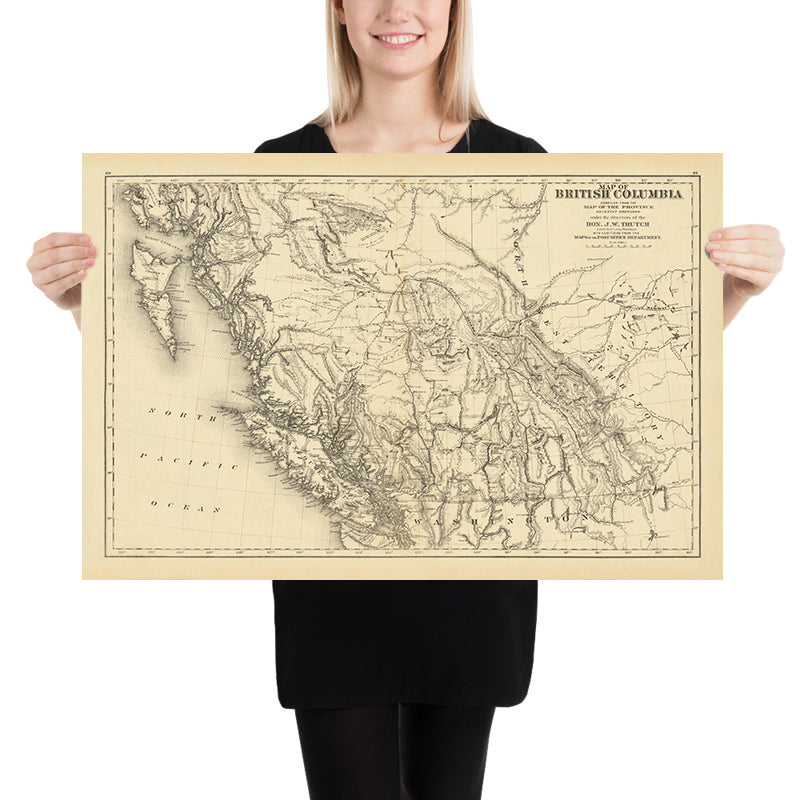 Ancienne carte ferroviaire de la Colombie-Britannique par Trutch, 1878 : Vancouver, Victoria, itinéraires du CPR, rivière Fraser, Rocheuses 