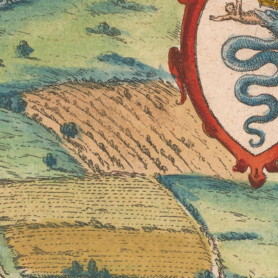 Ancienne carte de Milan par Braun & Hogenberg, 1572 : Cathédrale, Fortifications, Rues, Champs 