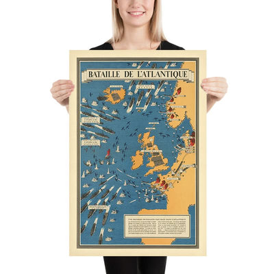 Ancienne carte picturale de la bataille de l'Atlantique par Blake, 1944 : Royaume-Uni, sous-marins, convois 