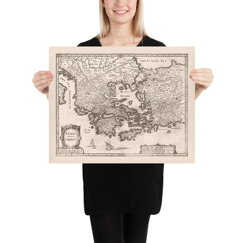 Ancienne carte de la Grèce par Speed, 1676 : Athènes, Corinthe, mer Égée, navires 