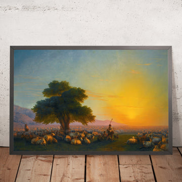 A framed image of Shepherds with Their Flock at Sunset by Ivan Konstantinovich Aivazovsky, 1859
