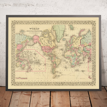 Antigua Mapa Mundial de Mercator Centrado en América por Mitchell, 1882 
