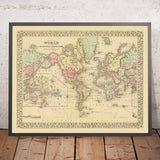 Ancienne carte du monde de Mercator centrée sur l'Amérique par Mitchell, 1882 