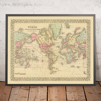 Alte Mercator-Weltkarte zentriert auf Amerika von Mitchell, 1882 