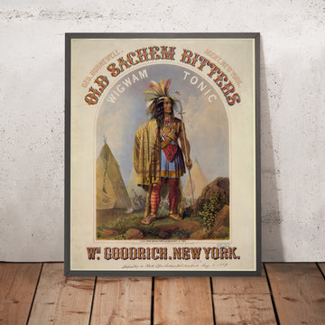 A framed image of Old Sachem Bitters – Wigwam Tonic Poster by Sarony, Major & Knapp, 1859