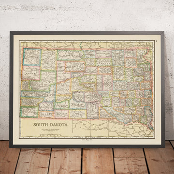 Mapa antiguo de Dakota del Sur, 1925: Sioux Falls, Rapid City, Black Hills, Badlands, río Missouri 
