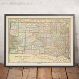 Antica mappa del South Dakota, 1925: Sioux Falls, Rapid City, Black Hills, Badlands, fiume Missouri 
