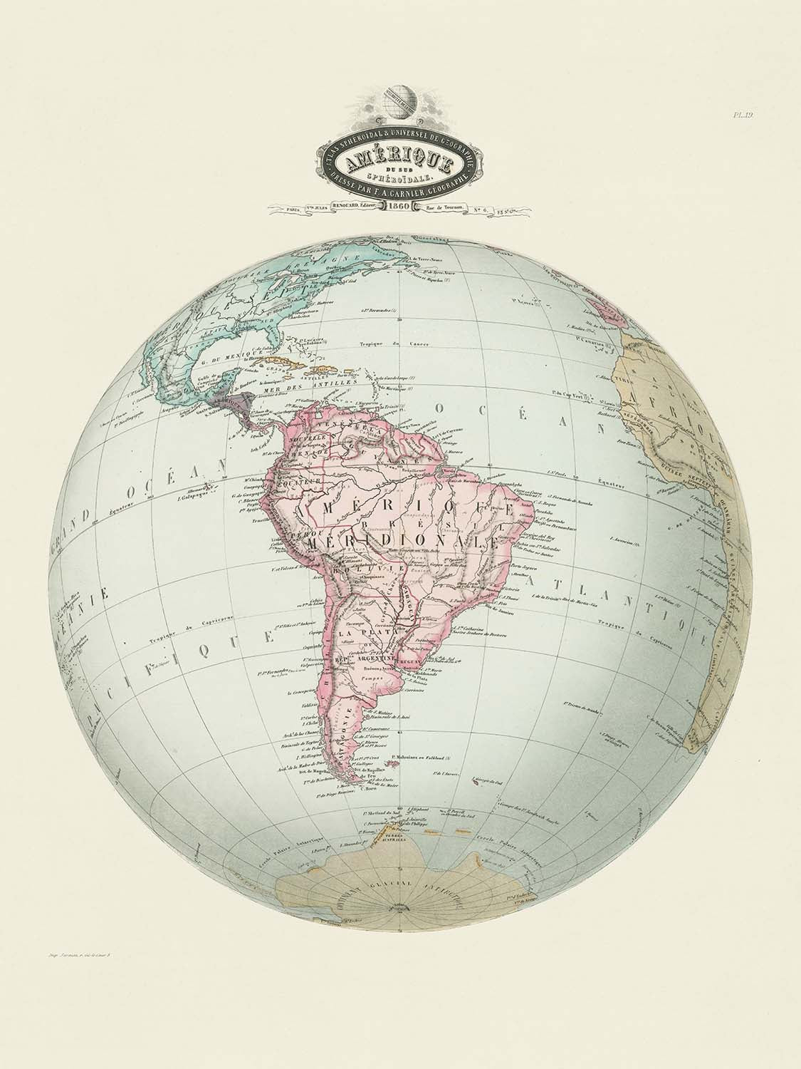 Old Spherical Map of South America by Garnier, 1860