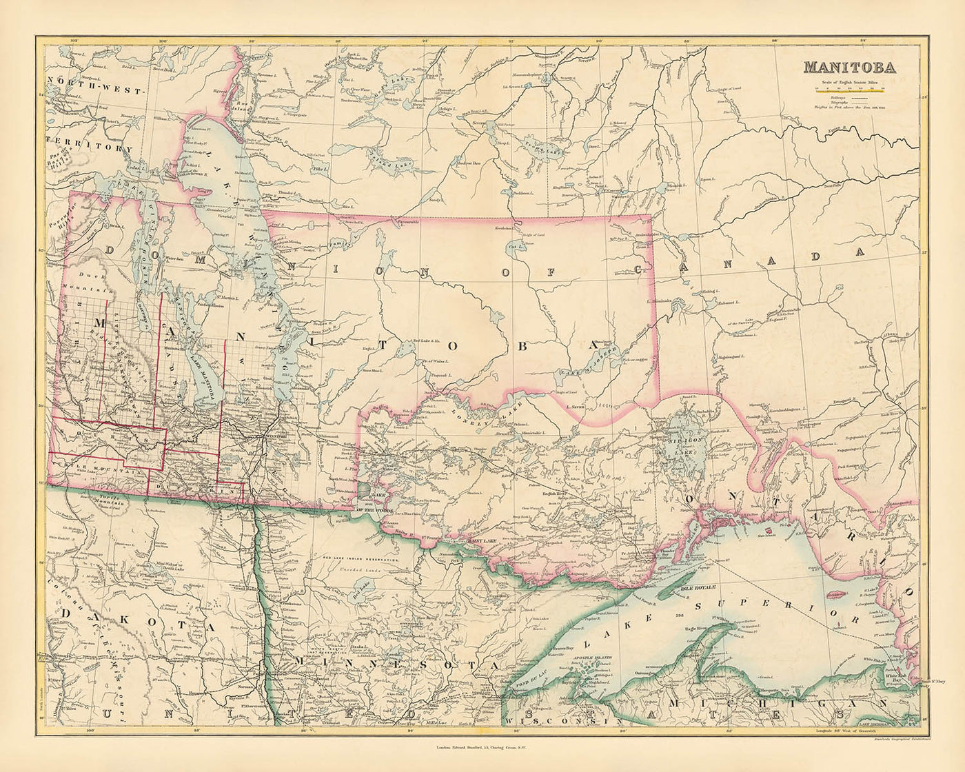 Ancienne carte du Manitoba par Arrowsmith, 1884 : Winnipeg, rivière Rouge, lac Winnipeg, chemins de fer, frontières 