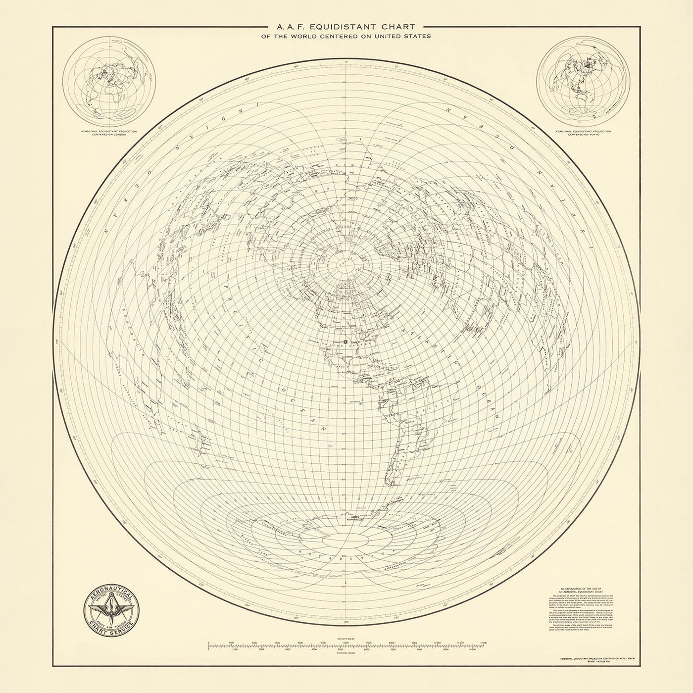 Antigua Mapa Mundial Azimutal Centrado en los Estados Unidos, 1947 
