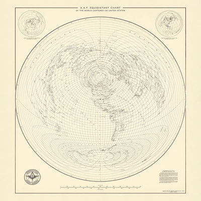 Antigua Mapa Mundial Azimutal Centrado en los Estados Unidos, 1947 