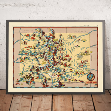 Mappa Pittorica del Colorado di Ruth Taylor White, 1935: Denver, Montagne Rocciose, Pikes Peak, Mesa Verde, Grandi Dune di Sabbia 