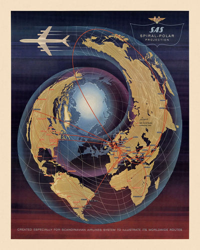 Old Airline Polar Projection World Map by SAS, 1960: Spiral Design, Global Routes