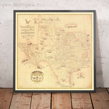 Mappa molto grande del Texas di Hoffman & Walker, 1965: Storica, Alamo, Galveston, Chisholm Trail, Esploratori spagnoli 