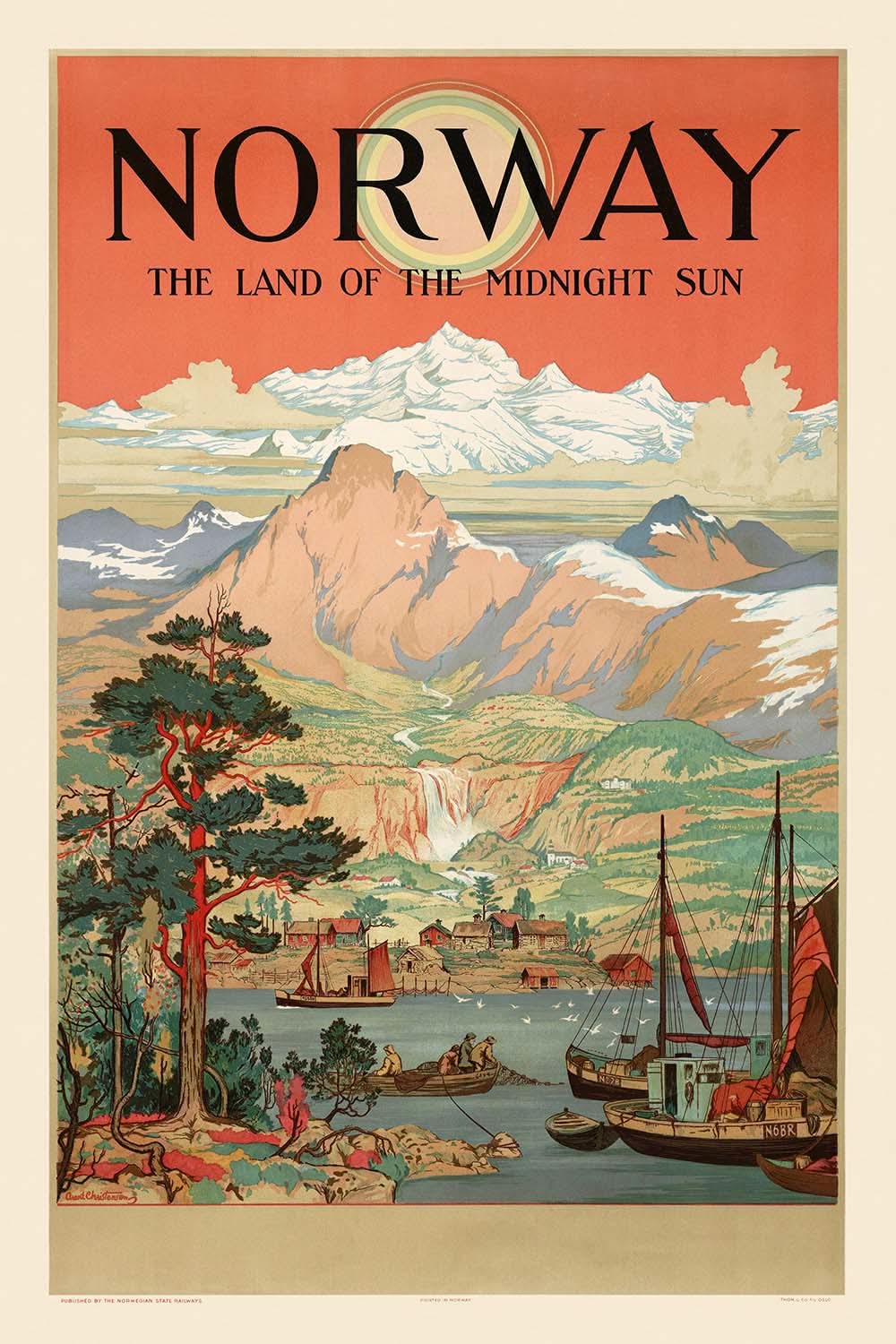 Póster de viaje de Noruega: Tierra del Sol de Medianoche de Arent Lauritz Christensen 