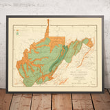 Ancienne carte forestière de la Virginie-Occidentale par Sargent, 1882 : Charleston, Huntington, Ohio River, Alleghenies, Spruce Knob 