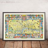Ancienne carte picturale de Londres par Bullock, 1965 : Blasons, monuments, Westminster, Ville 