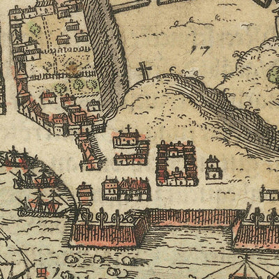 El ataque de Sir Francis Drake a Santiago por De Bry, 1599: Mapa de batalla, flota, tropas, fortificaciones 