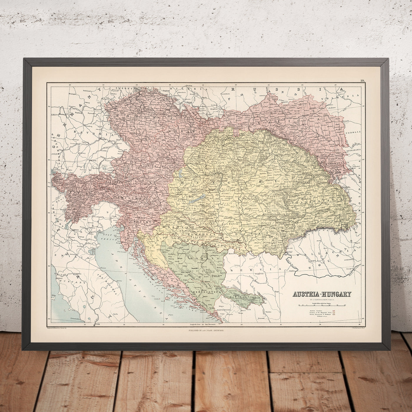 Old Map of Austria-Hungary by Black, 1884: Vienna, Budapest, Alps, Danube, Adriatic