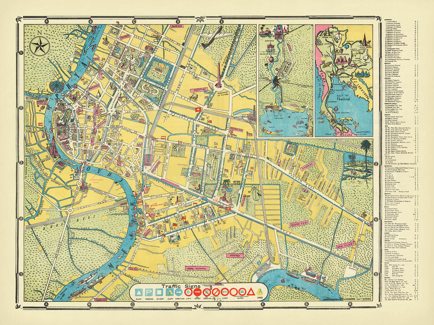 Old Map of Bangkok, 1954: Chao Phraya, Wat Arun, Grand Palace, Dusit, Lumphini Park
