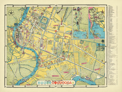 Old Map of Bangkok, 1954: Chao Phraya, Wat Arun, Grand Palace, Dusit, Lumphini Park
