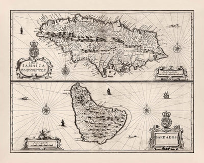Ancienne carte de la Jamaïque et de la Barbade par Speed, 1676 : Port Royal, Bridgetown, montagnes, navires 