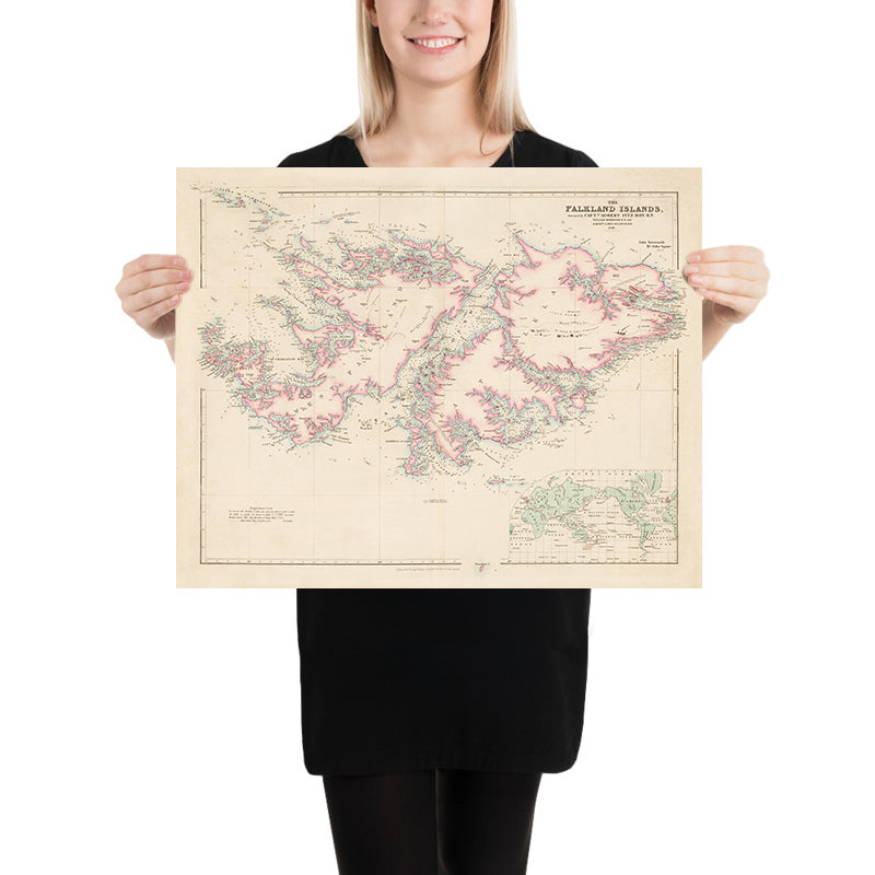 Mapa antiguo de las Islas Malvinas por Arrowsmith, 1848: Puerto Stanley, Bahía Charlotte, Puerto Ross, Inset Mundo 