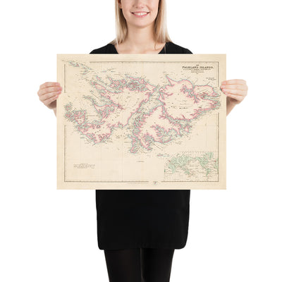 Mapa antiguo de las Islas Malvinas por Arrowsmith, 1848: Puerto Stanley, Bahía Charlotte, Puerto Ross, Inset Mundo 