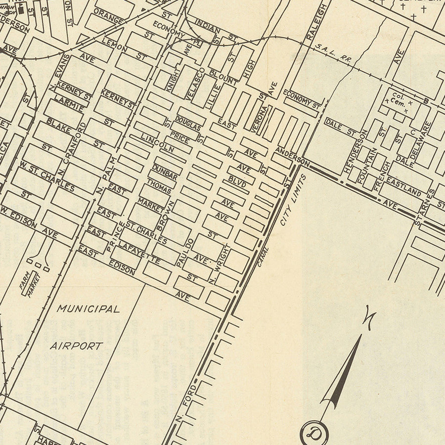 Mappa della Città Vecchia di Fort Myers Florida di Frank B. Dolph, 1945: Caloosahatchee, Municipio, Bacino per yacht, Tribunale, Campo da golf 