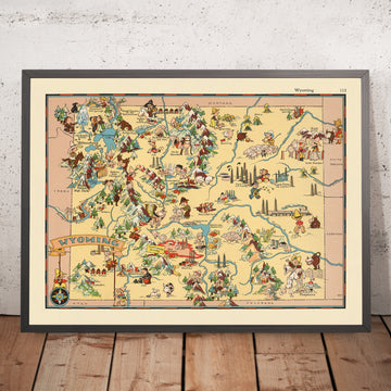 Mappa pittorica del Wyoming di Ruth Taylor White, 1935: Yellowstone, Grand Teton, Continental Divide, Wind River Range, Monti Bighorn 