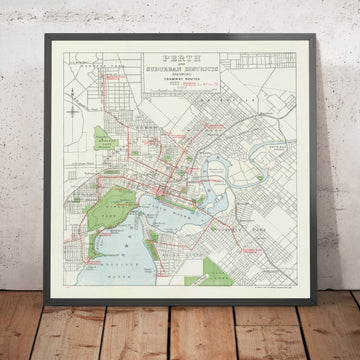 Old Tramway Map of Perth by Simpson, 1929: Swan River, Kings Park, Racecourse, Hay St, Victoria Park