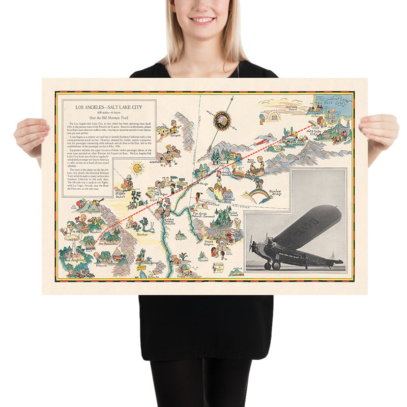 Pictorial Map of Los Angeles–Salt Lake City Air Route, 1929: Western Air Express, Tri-Motored Fokker, Las Vegas, Great Salt Lake, Zion National Park