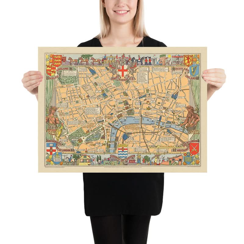 Vecchia mappa storica di Londra di Bullock, 1938: Torre di Londra, St. Paul&